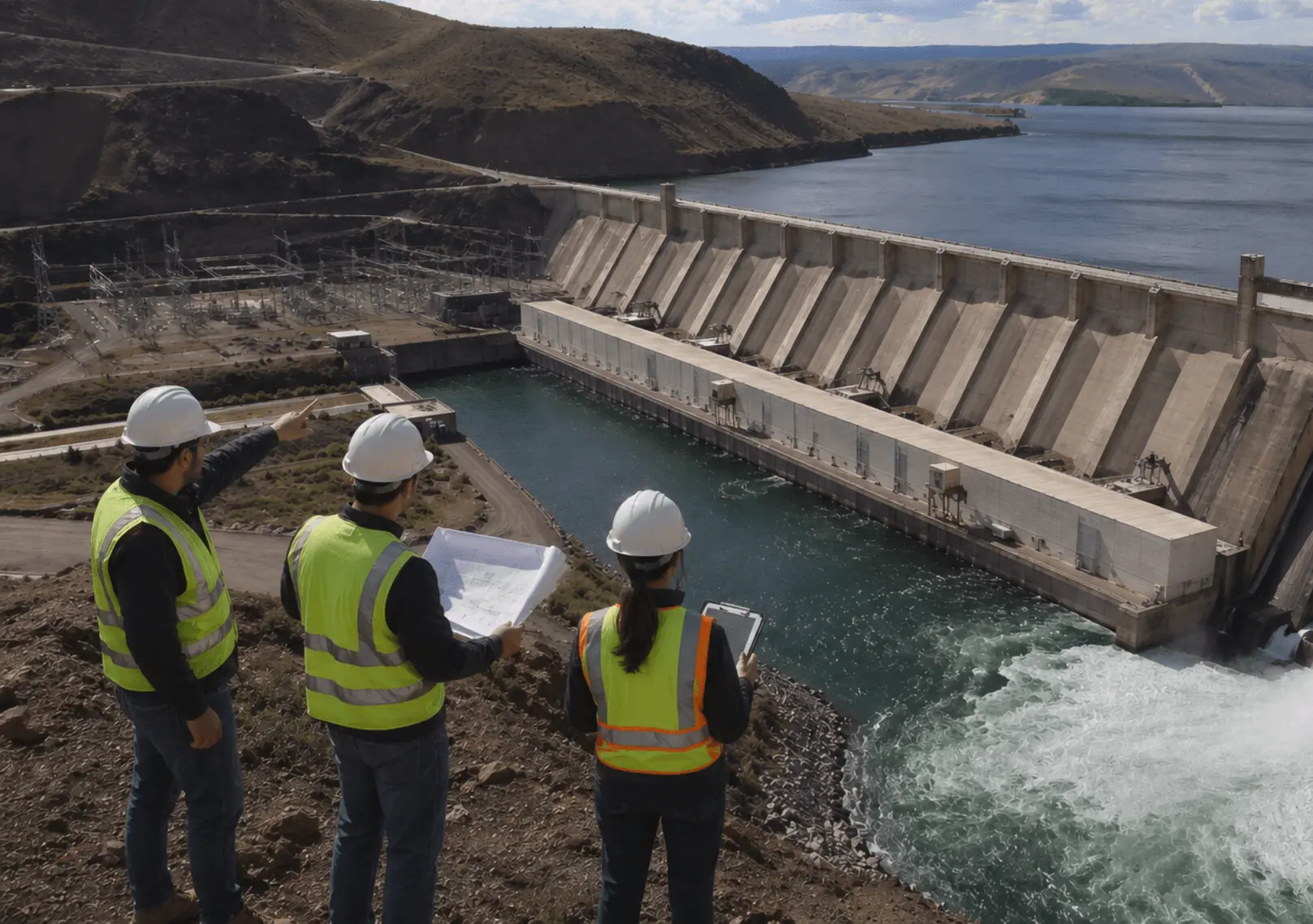 Tres ingenieros analizando un gran proyecto de presa hidroeléctrica, representando el análisis territorial hídrico