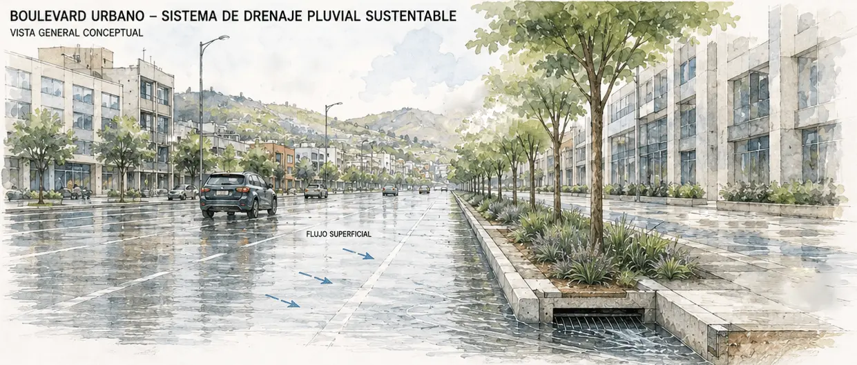 Vista general conceptual de un sistema de drenaje pluvial sustentable en un boulevard urbano durante la lluvia