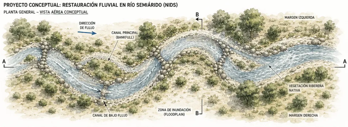 Planta general conceptual de restauración fluvial en río semiárido, mostrando canal principal, zona de inundación y vegetación nativa